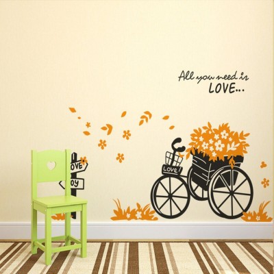 Décor vibe 70 cm latest Floral Bicycle Quote All You Need is Love in Garden ( 70 cm x 50 cm) Self Adhesive Sticker(Pack of 1)