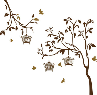 Decor vibe 140 cm Tree With Birds And Cages Standard Size -140cmx110cm Self Adhesive Sticker(Pack of 2)