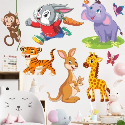 AH Decals 60.96 cm Cartoon Animated Lion Elephant and 3D Butterflies for Kids ROOM(60cmx60cm) Self Adhesive Sticker(Pack of 6)