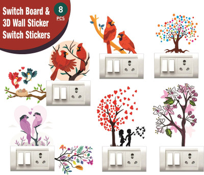 Stikor 30.5 cm PVC Vinyl 8 Pcs 3D Birds & Tree Switch Board Wall Stickers Self Adhesive Sticker(Pack of 8)
