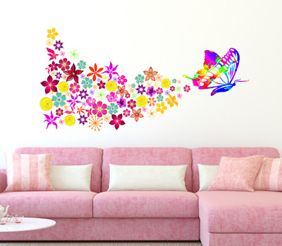 Wallme 110 cm Flowers With Butterfly | Non-Reusable Sticker Self Adhesive Sticker(Pack of 1)