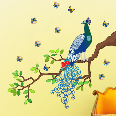 Riditcreation 60 inch pecock on tree's branch and beautiful Butterflies Removable Sticker(Pack of 1)