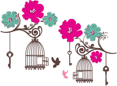 Vijaya enterprises 46 cm Cage with pink flower,birds for wall sticker for Home sticker size ( 61x46 cm ) Self Adhesive Sticker(Pack of 1)
