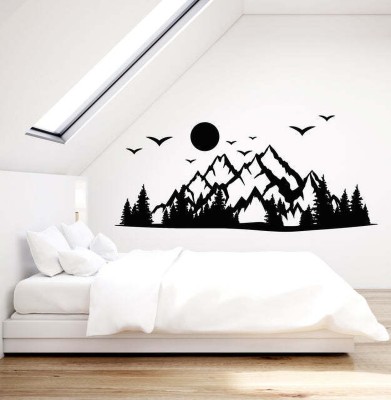 SnappyVinyl 30 cm Camp Mountains Silhouette Forest Birds Nature Stickers Mural (g7965) Self Adhesive Sticker(Pack of 1)