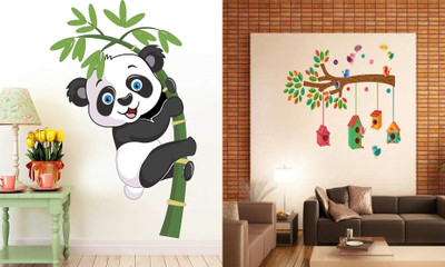 Walltech 90 cm Baby Panda and bird house on branch Self Adhesive Sticker(Pack of 2)