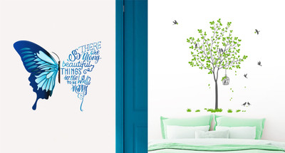 Decal O Decal 1 cm Butterfly with Motivational Quotes::Green Tree With Birds Cage And Nest Self Adhesive Sticker(Pack of 1)