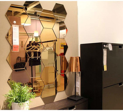 Mirror Sticker 12 cm 22 Hexagon 20 Butterfly Golden 3D Mirror Stickers Wall Stickers Self Adhesive Sticker(Pack of 42)