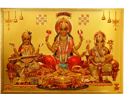 TIOGLINE 31 inch 3D Gold Foil Plated Self Adhesive Large Size-31cm with Ganesh Lakshmi Saraswati Self Adhesive Sticker(Pack of 1)