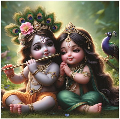 Baby Radha Krishna With Peacock Feather God Wall Poster for Pooja Room, Livingroom, Bedroom, Office, Kidsroom (Size - 41 CM x 41 CM) Vinyl(16 inch X 16 inch)