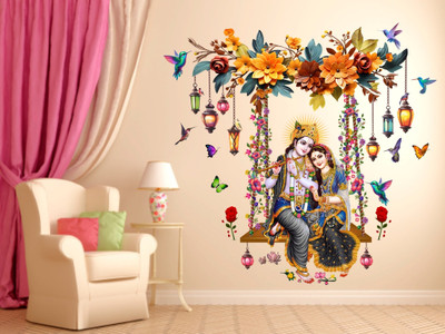 DivineDesigns 61 cm Radha Krishna Butterflies Flowers Wall Sticker Self Adhesive Sticker(Pack of 1)