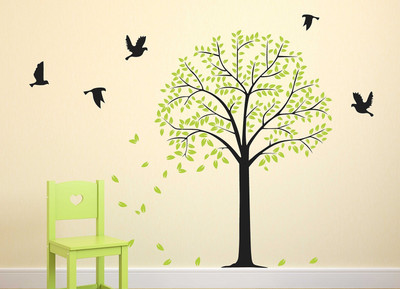 WALLARSH 140 cm Green Tree With Birds Removable Sticker(Pack of 1)