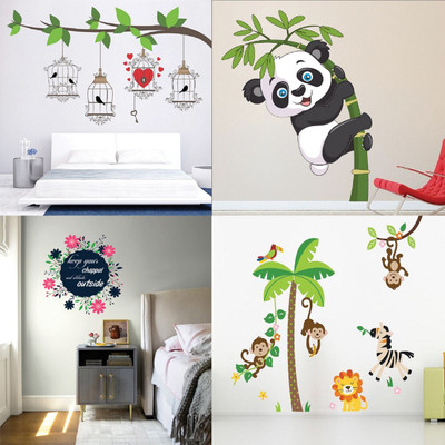Walltech 49 cm Combo of 4 Wall Sticker Birdcase With Key-(122 X 70 Cms) | Baby Panda-(120 X 95 Cms) | Keep Your Chappal-(59 X60 Cms) | Jungle-(150 X 120 Cms) - Matrial Vinyl Self Adhesive Sticker(Pack of 4)