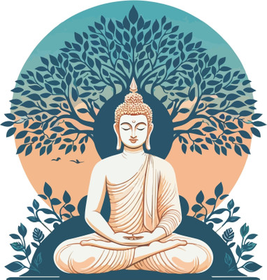 CreativeEdge 53 cm Meditating buddha under a blue bodhi tree Self Adhesive Sticker(Pack of 1)