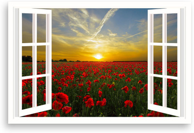 ModernDecor 30.48 cm 3D Window Flower Poster For Livingroom Home Wall Decor (Size 12x18 Inch)s27 Self Adhesive Sticker(Pack of 1)