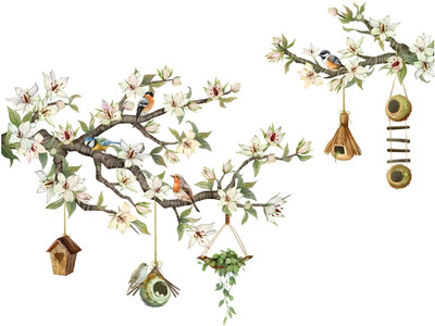 stylishdecor 81 cm decorative beautiful birds on tree branch with hanging cages Self Adhesive Sticker(Pack of 1)