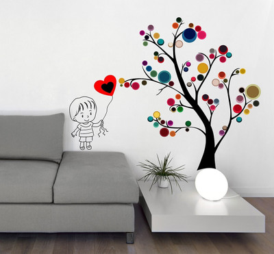 Wallme 100 cm Tree and kid | Non-Reusable Stickers Self Adhesive Sticker(Pack of 1)