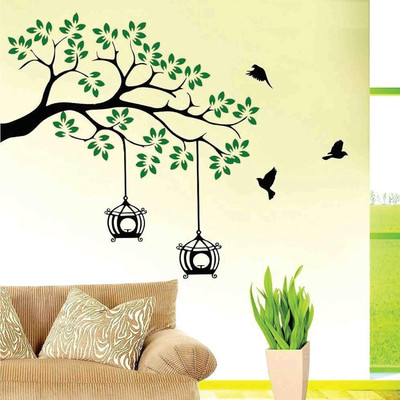 Iram 140 cm Designable Birds Flying On Tree With Nest Self Adhesive Sticker(Pack of 1)