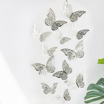 JAAMSO ROYALS 120 cm Silver 3D Butterfly Self Adhesive Living Room Kitchen Office Décor Wall Sticker Self Adhesive Sticker(Pack of 12)