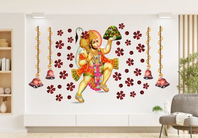 DivineDesigns 46 cm Shri Hanuman Ji with Leaves & Bells Wall Sticker Self Adhesive Sticker(Pack of 1)