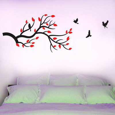 walkart 1 cm red leaves with black branch and birds Removable Sticker(Pack of 1)