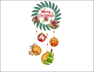 Sahaj Décor 82 cm Hd Merry Christmas Bells With Tree 4 Hanging Wall Sticker|Xmas Wreath 18X32 Inch Self Adhesive Sticker(Pack of 1)