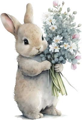 Stylishdecors 41 cm cute rabbit with flowers Self Adhesive Sticker(Pack of 1)