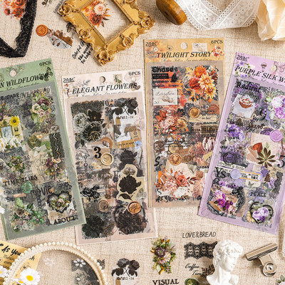 SELPRA 4 cm Vintage Flower Falling PET Sticker Creative DIY Stationery, Stickers-6 Sheet Removable Sticker(Pack of 1)