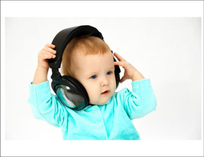 Vijaya enterprises 80 cm Little baby with headphones poster for kidsroom, poster size (80x50 cm ) Self Adhesive Sticker(Pack of 1)