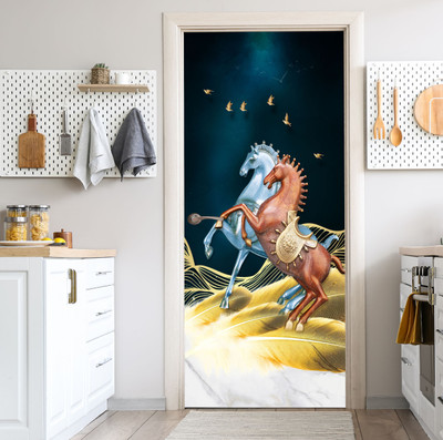 We Kreate 213 cm 3D Embossed Golden Horses wallpaper Self Adhesive Sticker(Pack of 1)