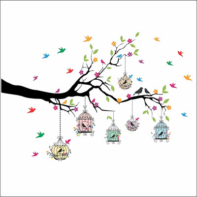Vinay Cotten 127 cm Tree Branch Wall Sticker with Hanging Bird Cages & Flying Birds(85 x 127 cm) Self Adhesive Sticker(Pack of 1)