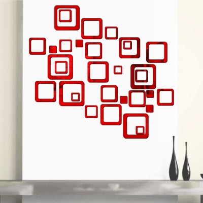 HAPPINY 14 cm 30 Square Red, 3D Acrylic Six Size Square Mirror Stickers for Wall Self Adhesive Sticker(Pack of 1)