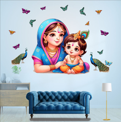 KUKU HOME DÉCOR 90 cm Smiling Krishna kid with Flying Butterflies, Peacocks. Premium 3D Wall Sticker Self Adhesive Sticker(Pack of 1)