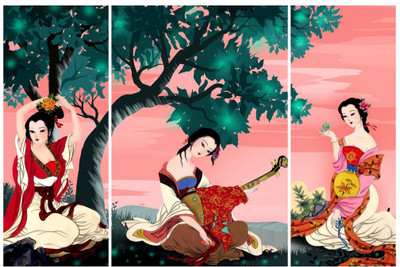 voorkoms 18 inch Oriental Women Wall Painting 3 Panel Traditional Asian Art Graceful Women Self Adhesive Sticker(Pack of 1)