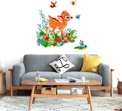 Inkfence 70 cm Wall Stickers Deer with Butterflies in Jungle for Kids Nursery Room Self Adhesive Sticker(Pack of 1)