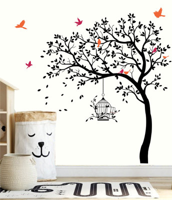 rawpockets 175 cm Black Tree with Birds and Cage Self Adhesive Sticker(Pack of 1)