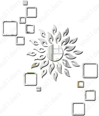 wall1ders 60 cm Sun Golden With 12 Square Silver Self Adhesive Sticker(Pack of 1)