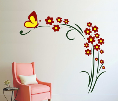 WALLARSH 90 cm Florals With Butterflies Self Adhesive Sticker(Pack of 1)