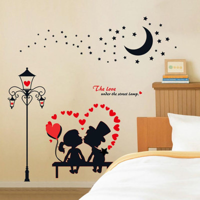 Lokeshshaky 91 cm Romantic Couple Under Street Lamp Love Quote Hearts Wall Sticker Self Adhesive Sticker(Pack of 1)