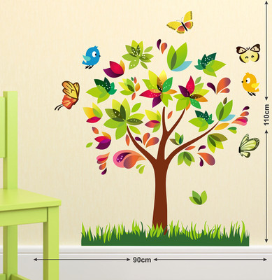 LANSTICK 91.44 cm COLOURFUL TREE WITH BIRDS AND BUTTERFILES STICKER Self Adhesive Sticker(Pack of 1)