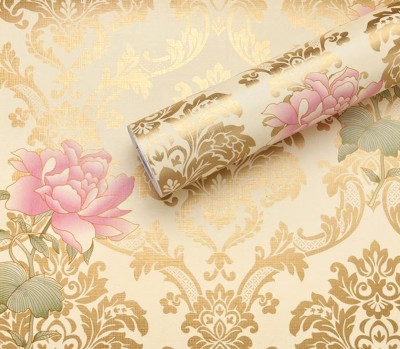 AmazingKarts 304.8 cm Gold Rose Damask Waterproof Wallpaper for Royal Looking Self Adhesive Sticker(Pack of 2)