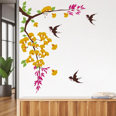 rawpockets 100 cm Yellow Floral Branch with Flying Birds Self Adhesive Sticker(Pack of 1)