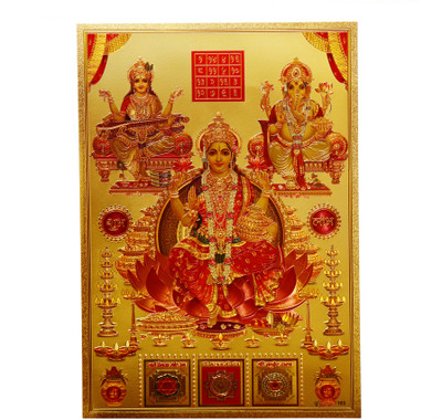 TIOGLINE 31 inch 3D Gold Foil Plated Self Adhesive Large Size-with Ganesh Lakshmi Saraswati Self Adhesive Sticker(Pack of 1)