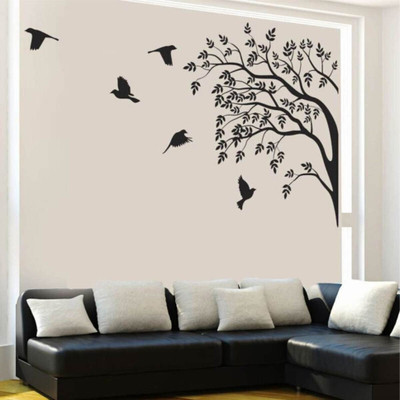 Décor vibe 60 cm latest Monochrome Tree and Birds' Wall Sticker ( 60 cm x 90 cm, Black) Self Adhesive Sticker(Pack of 1)