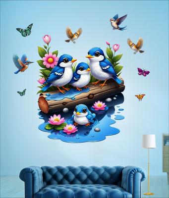 KUKU HOME DÉCOR 24 inch NATURE INSPIRED SPRROW AND BUTTERFLIES Self Adhesive Sticker(Pack of 1)