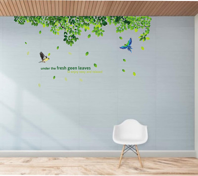 Inkfence 120 cm Wall Decals Sticker Green forest Fresh Green Leaves and Birds Self Adhesive Sticker(Pack of 1)