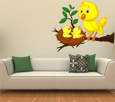 WALLSTICK 80 cm Branch With Cute bIrds Removable Sticker(Pack of 1)