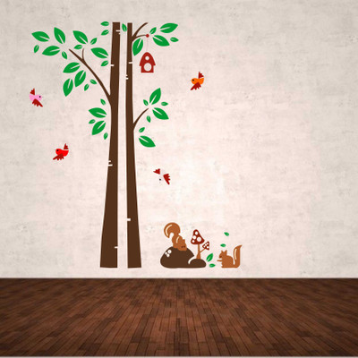 stickermart 120 cm Squirrel playing and bird nest tree wall sticker Self Adhesive Sticker(Pack of 1)