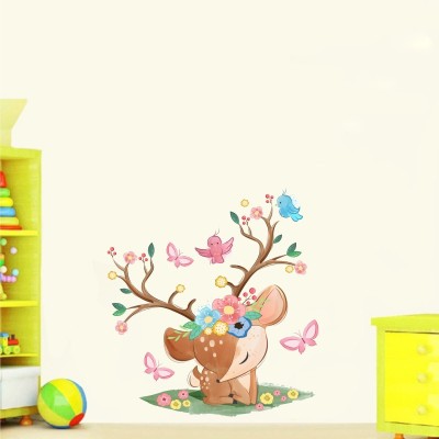 ZEN TREK 45 cm Cute Baby Deer with Birds for Nursery Kids Wall Stickers(PVC Vinyl,Multicolour) Self Adhesive Sticker(Pack of 1)