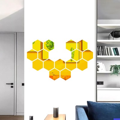 HAPPINY 12 cm 15 Hexagon (10.5 x 12.1 cm) Golden, 3D Acrylic Mirror Stickers for Wall Self Adhesive Sticker(Pack of 1)