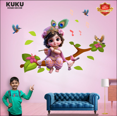 KUKU HOME DÉCOR 24 inch Cute Krishna Sitting on a Tree Branch Playing Flute 3d Wall Sticker Self Adhesive Sticker(Pack of 1)